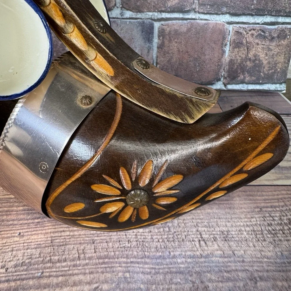 Vintage Dutch Clog Wine Bottle Holder Hand Carved Wooden Shoe W 6 Quimper‎ Cups